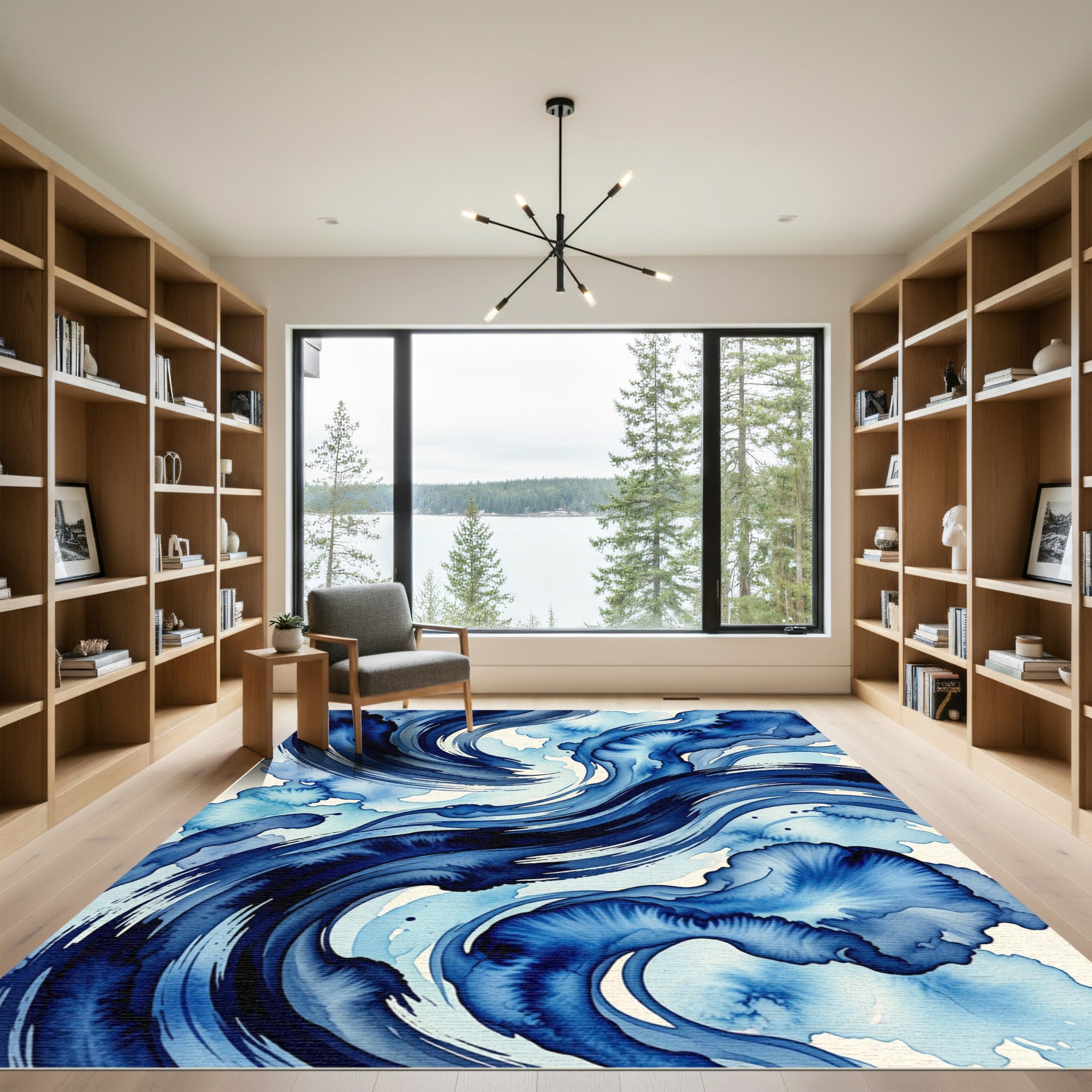 Modern Indigo Abstract Ocean Swirl Rug
