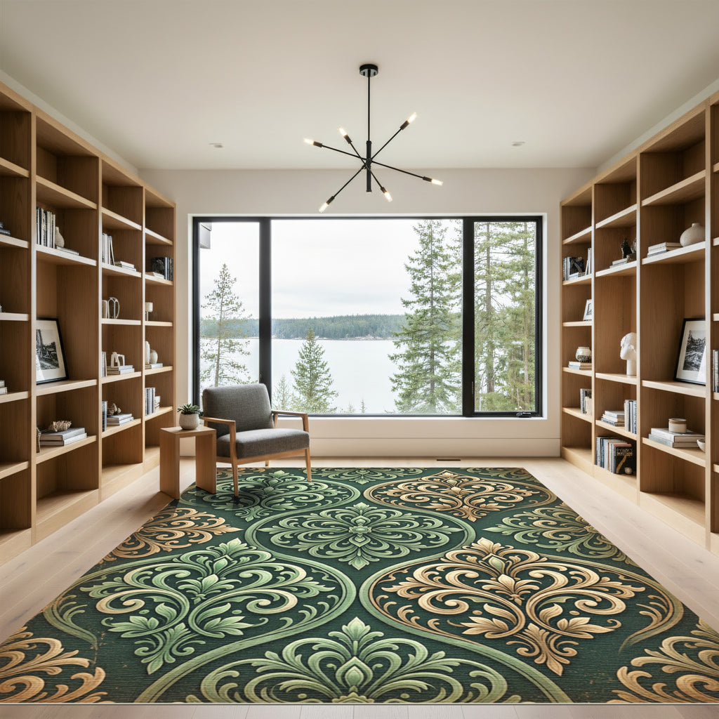 Victorian Gold Green Damask Scrolls Rug