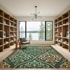 Victorian Gold Green Damask Scrolls Rug