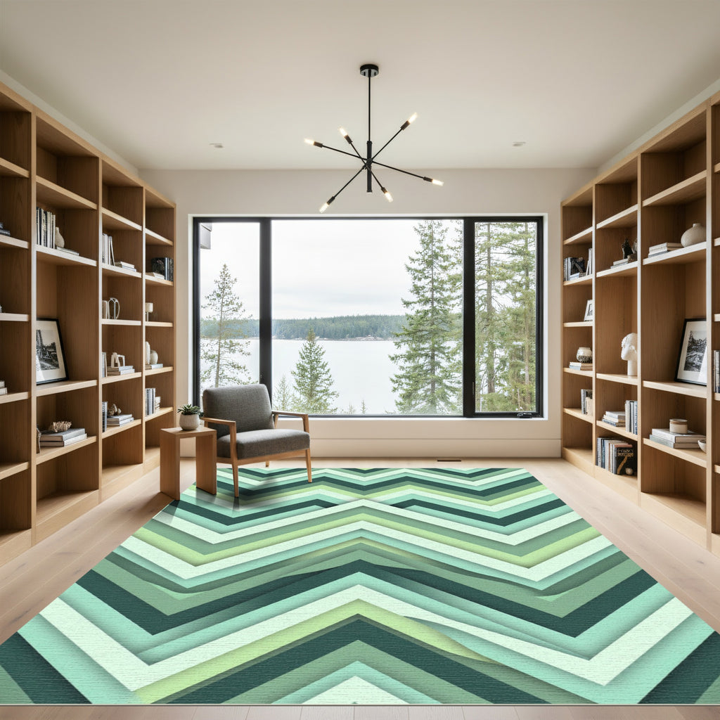 Aqua Chevron Layered Geometric Rug