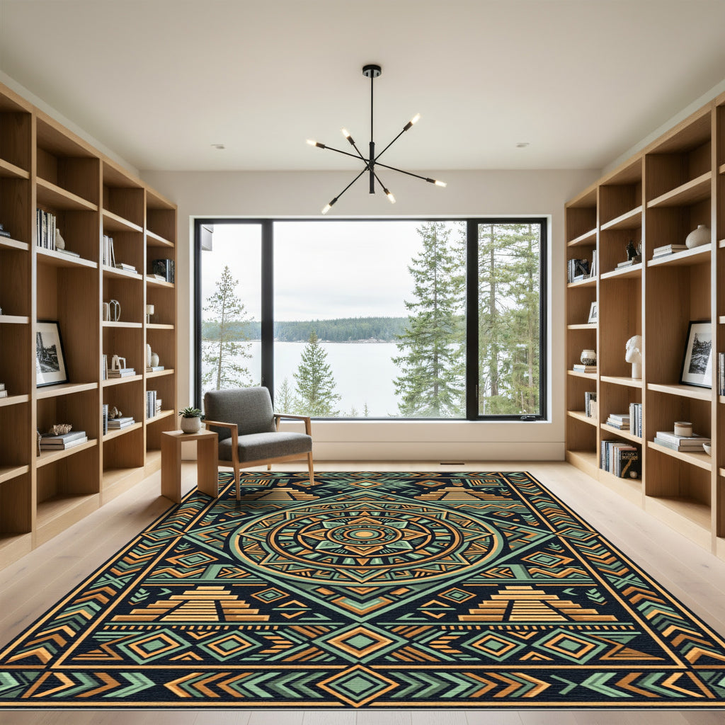Aztec Golden Pyramid Geometric Medallion Rug