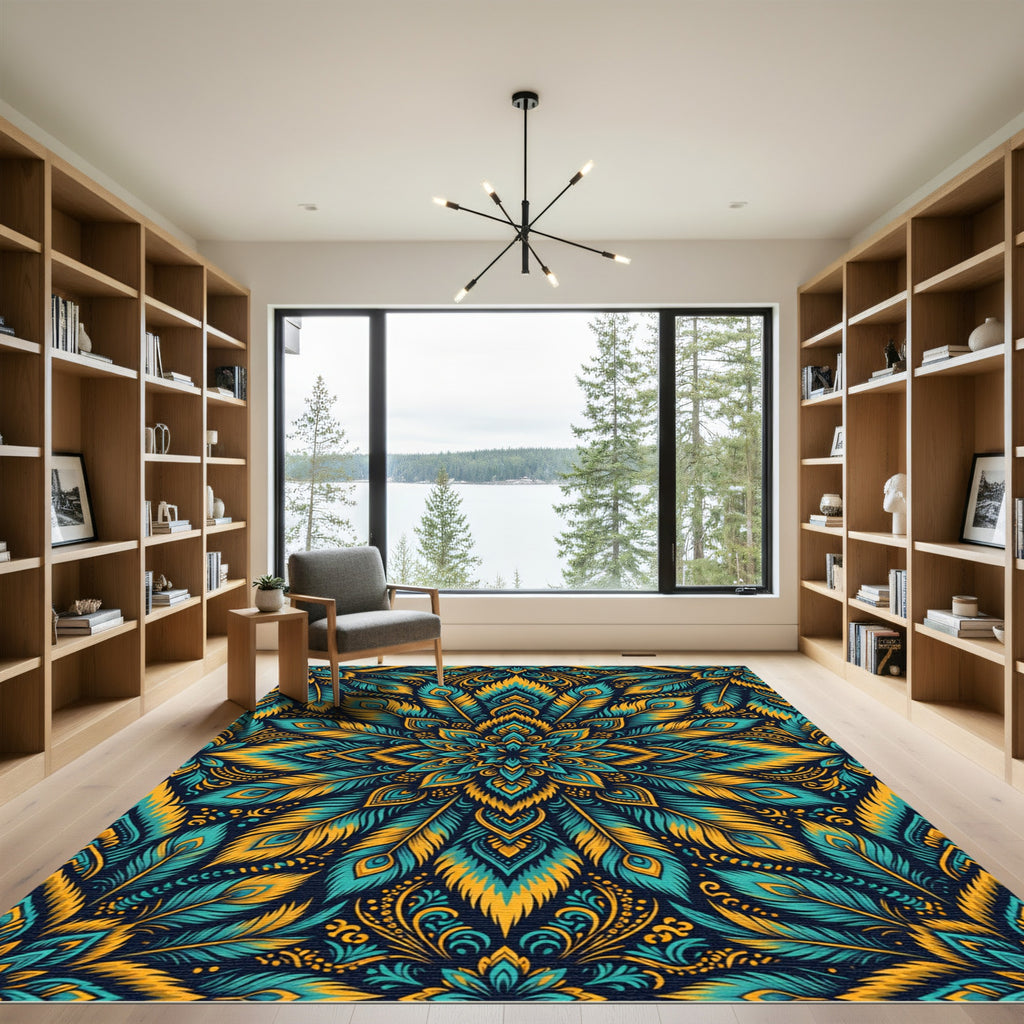 Turquoise Gold Peacock Feather Mandala Rug
