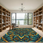 Turquoise Gold Peacock Feather Mandala Rug