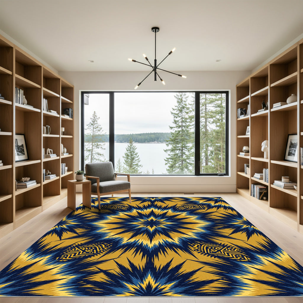 Blue Gold Geometric Starburst Rug