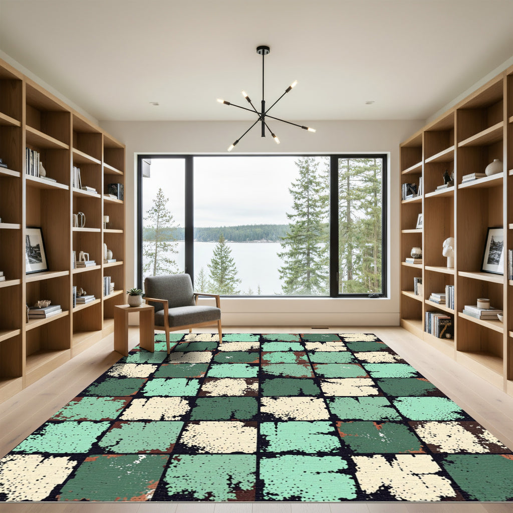Distressed Patchwork Slate Teal Cream Rug
