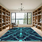 Glowing Cyan Cyber Circuit Grid Rug