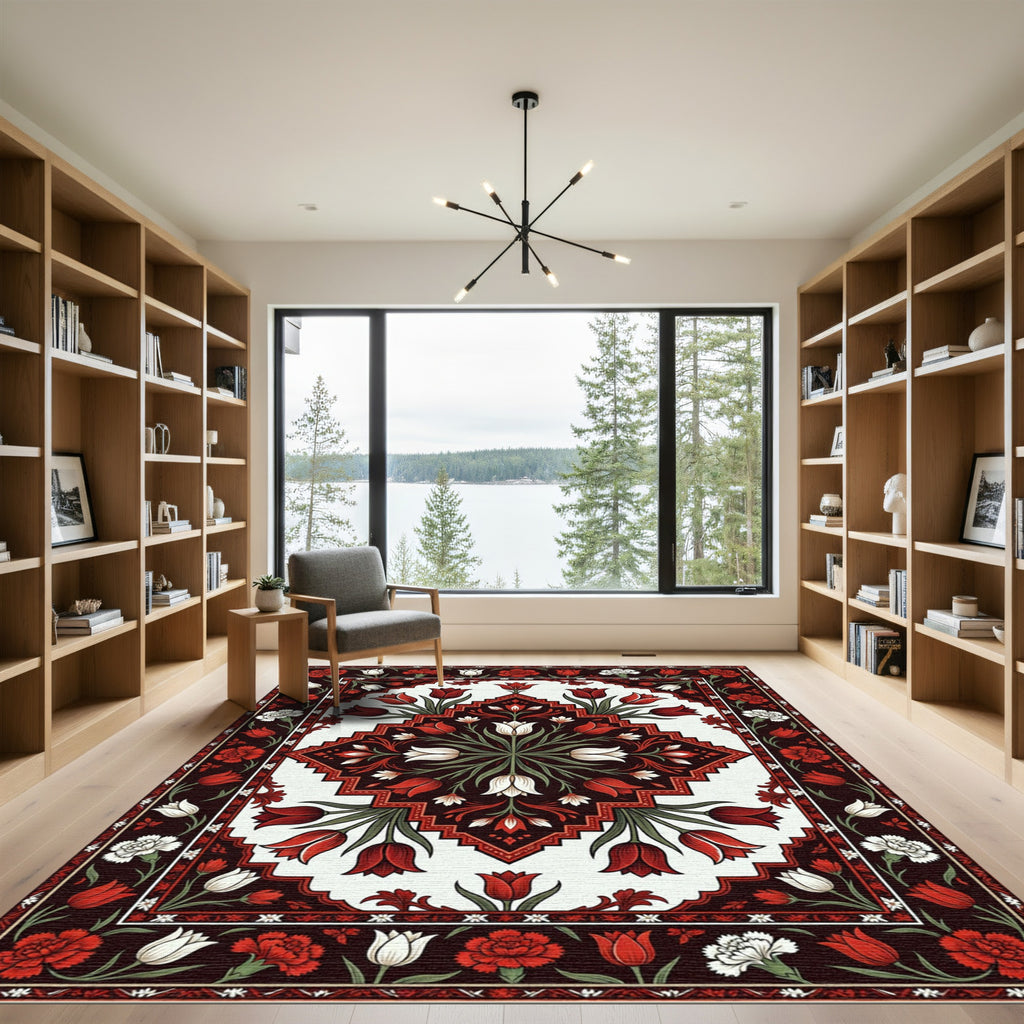 Crimson and White Floral Diamond Border Rug
