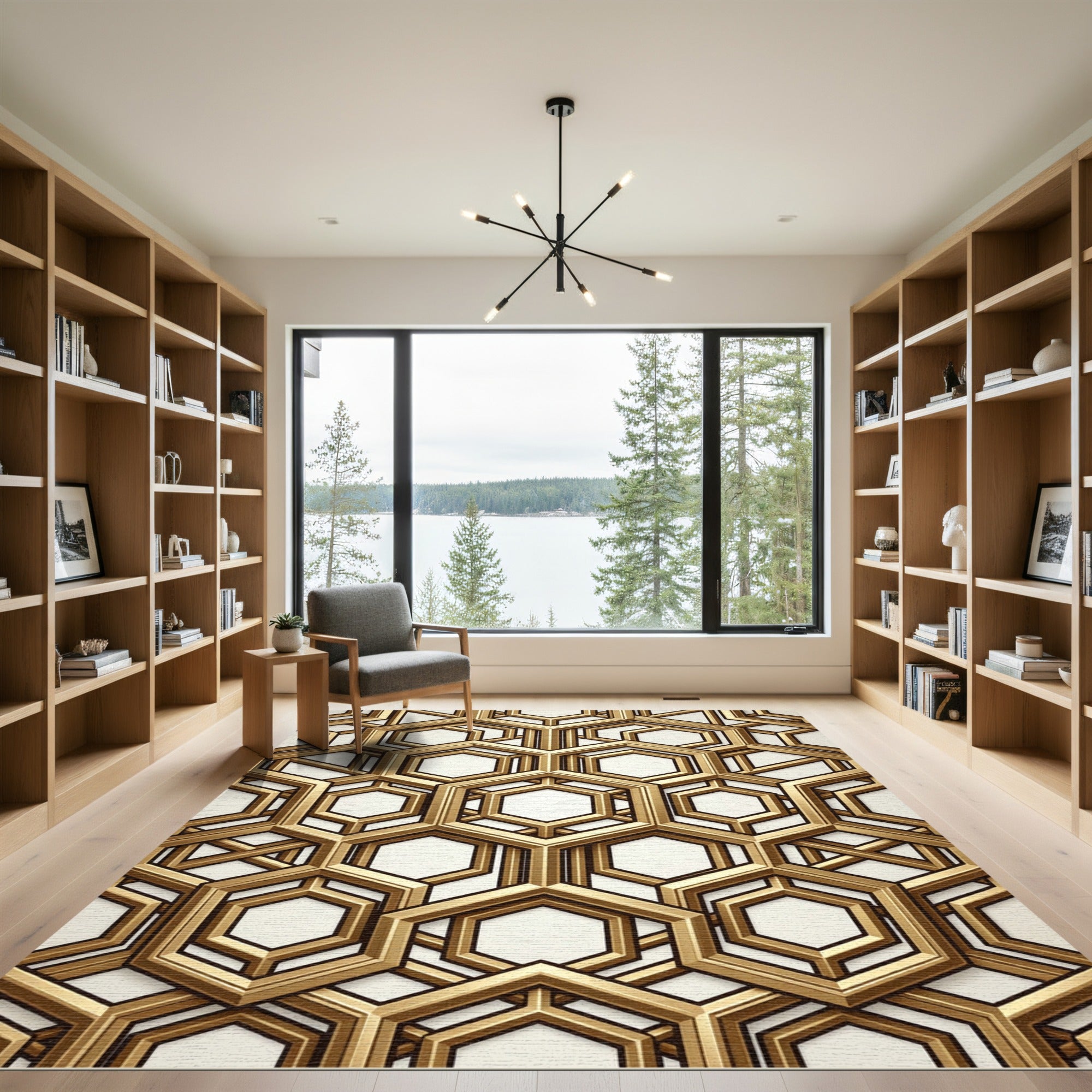 Luxurious Gold Geometric Hexagon Lattice Rug