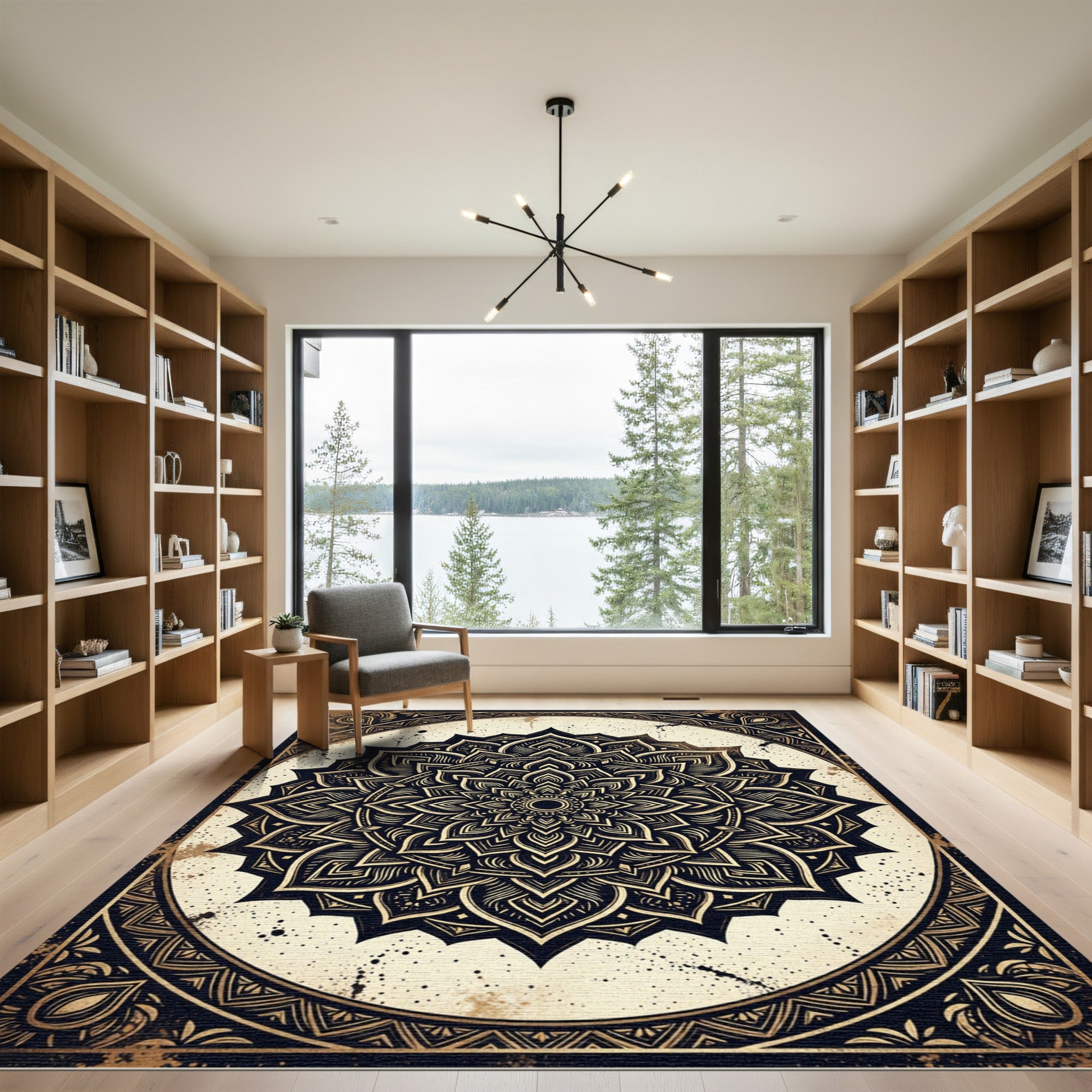 Ornate Black and Gold Sacred Mandala Rug
