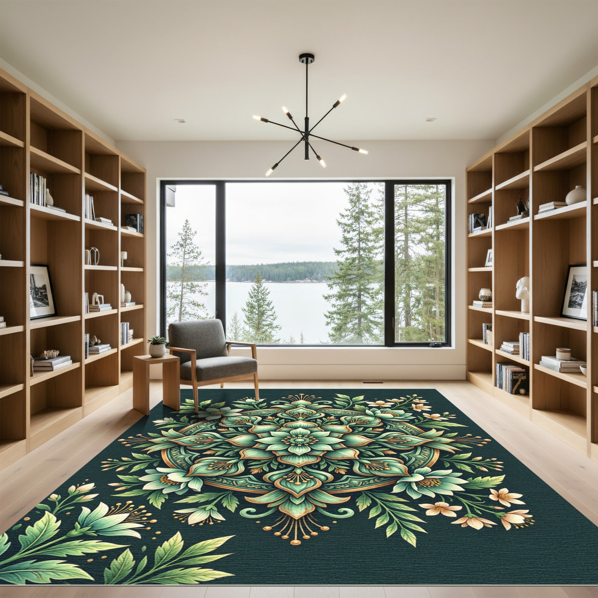 Emerald Floral Medallion Boho Garden Rug