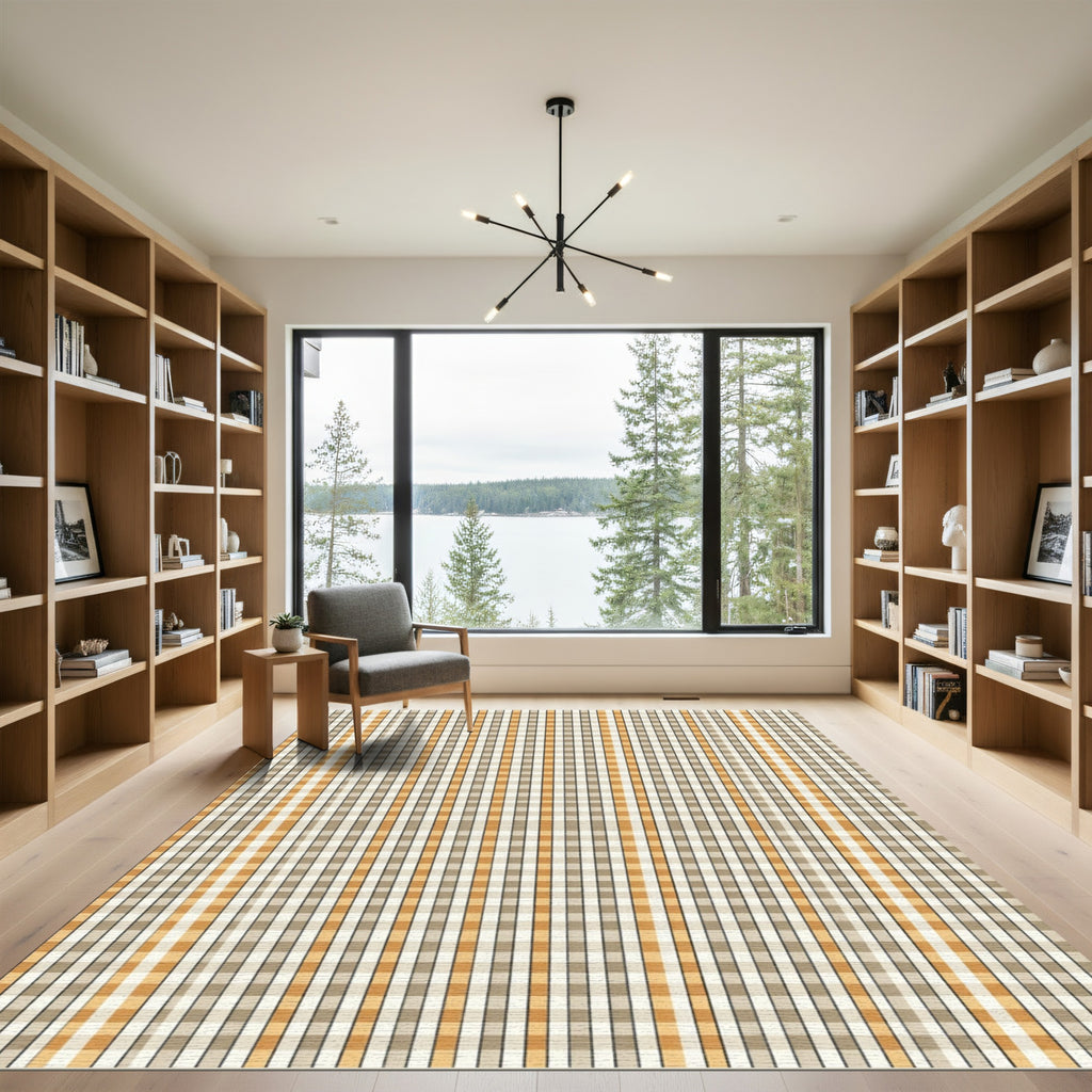 Warm Tan Plaid Vertical Stripe Rug