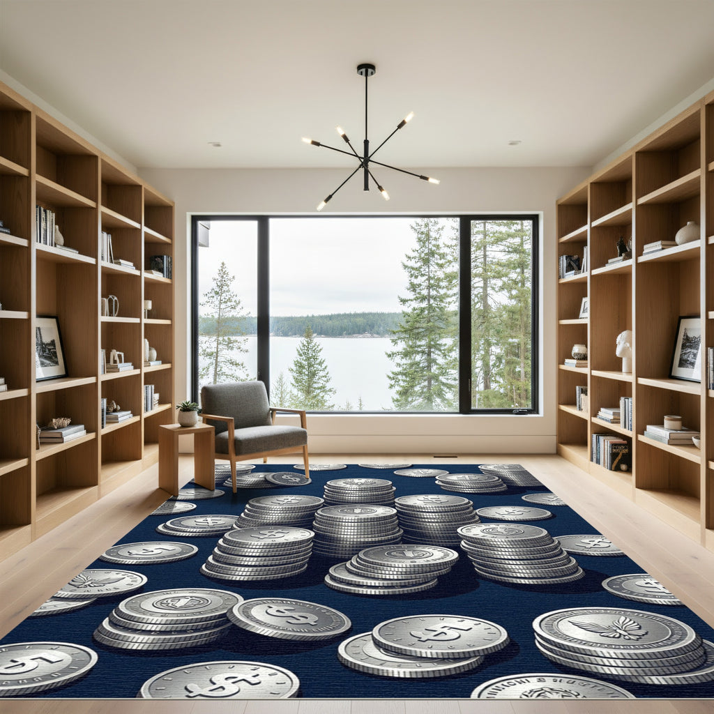 Metallic Silver Coin Stacks Rug