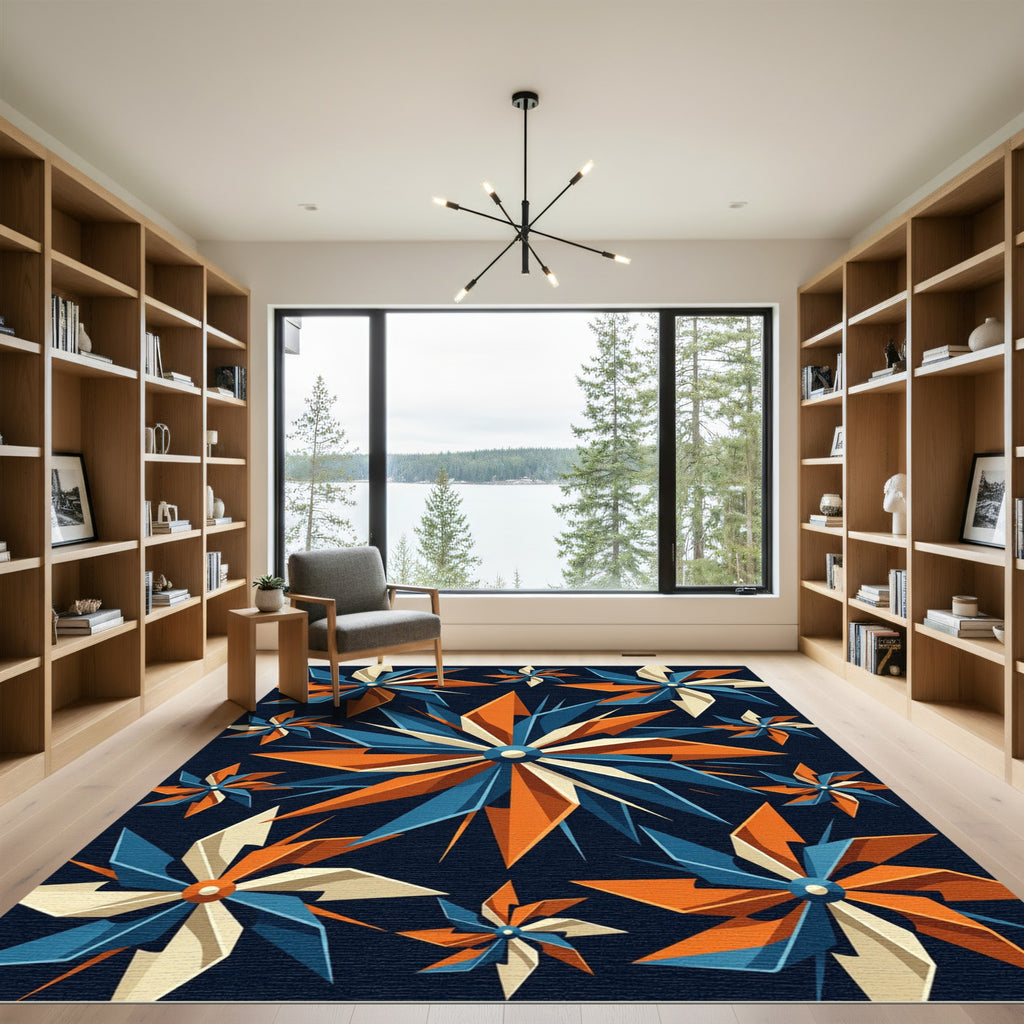 Geometric Navy Orange Astral Pinwheel Rug