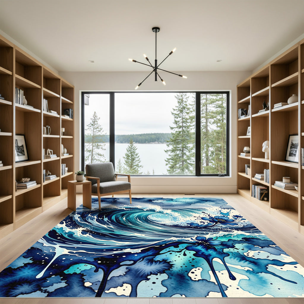 Abstract Navy Ocean Wave Floral Ink Rug