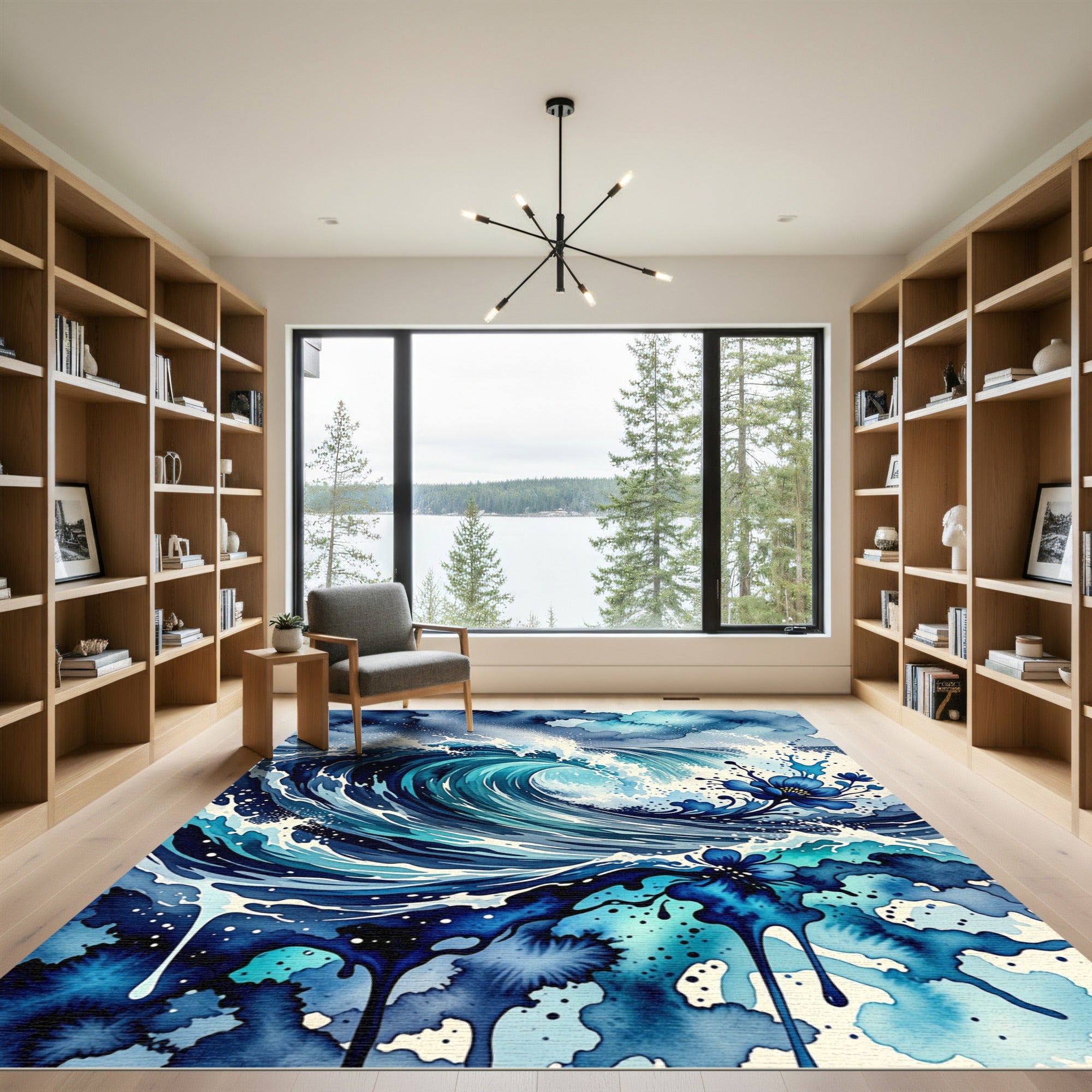 Abstract Navy Ocean Wave Floral Ink Rug