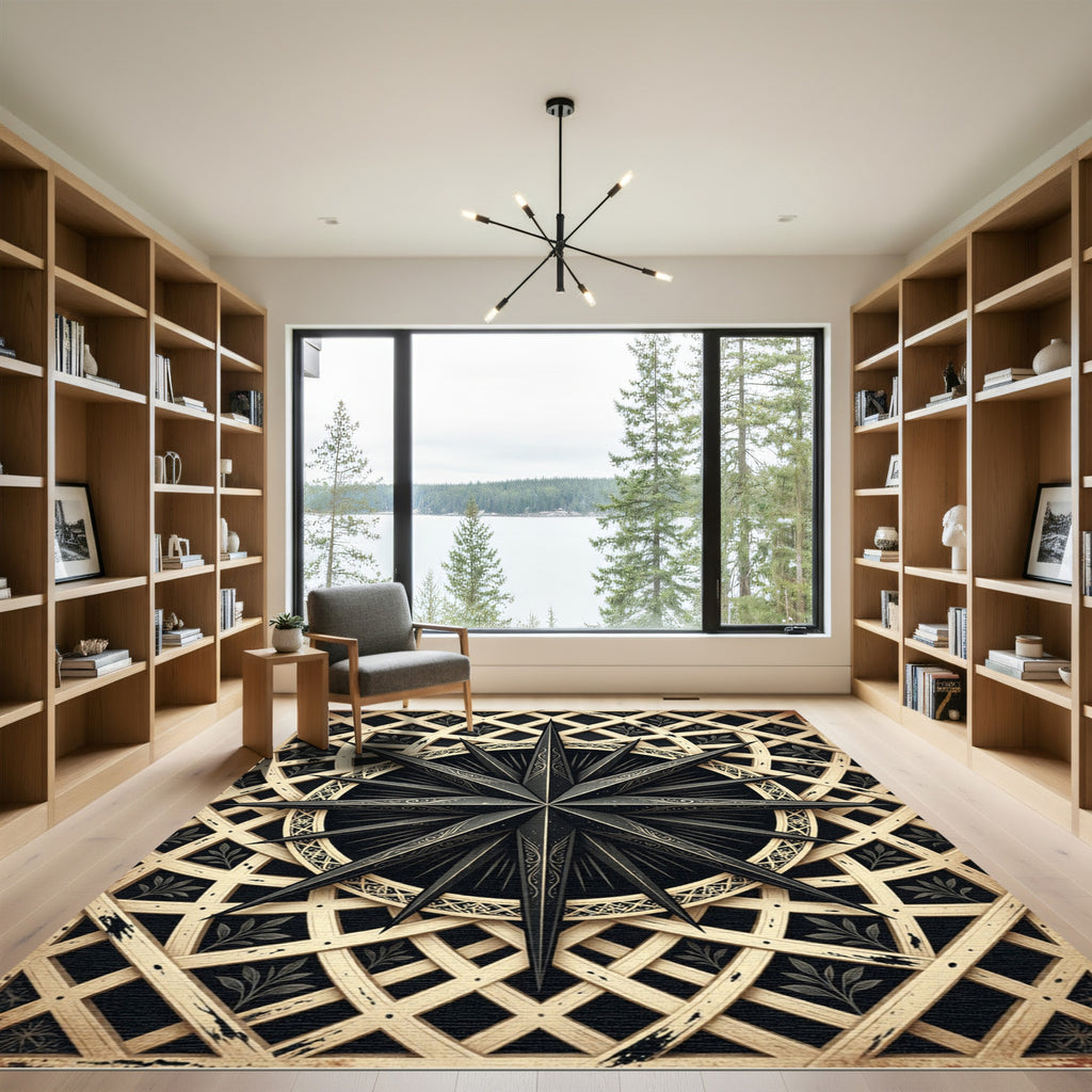 Gilded Black Compass Celestial Medallion Rug