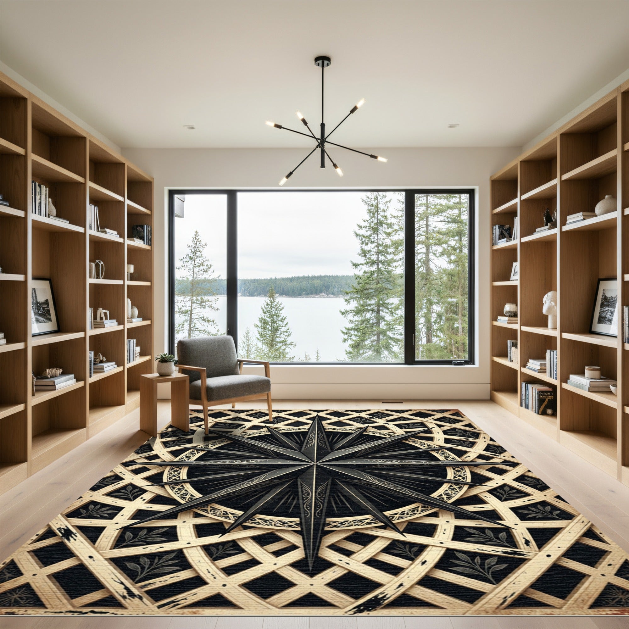 Gilded Black Compass Celestial Medallion Rug