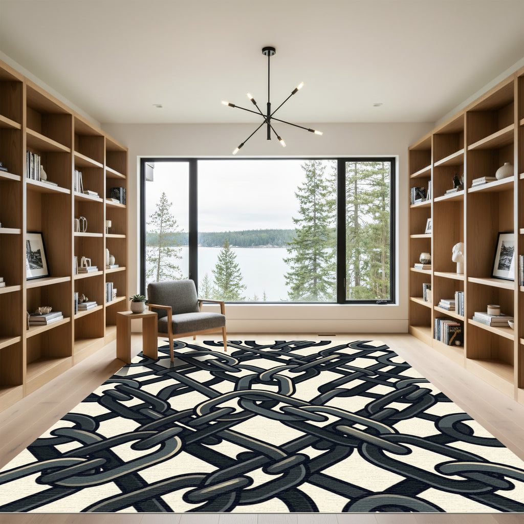 Dark Industrial Interlocking Iron Chain Link Rug