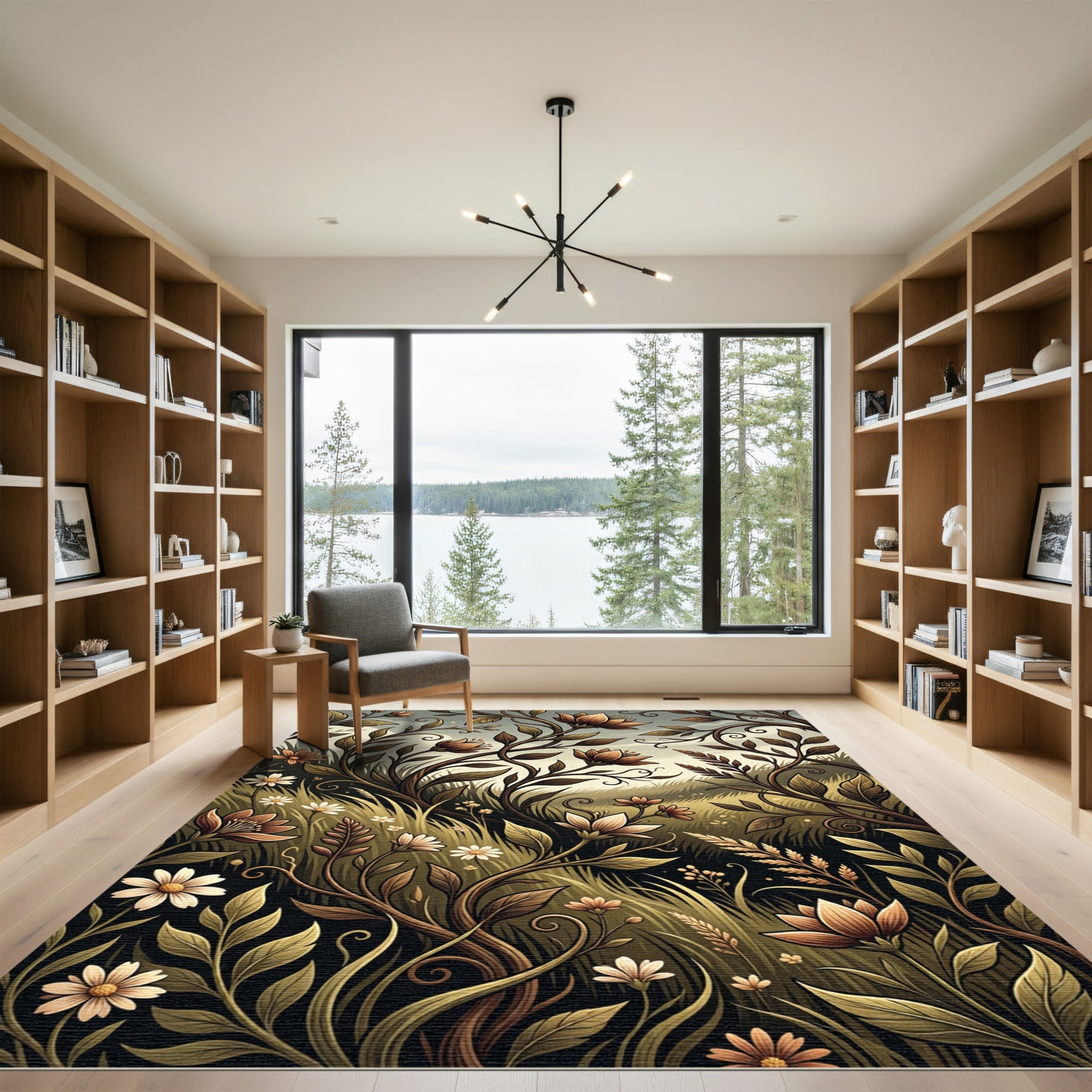 Earthy Brown Floral Vines Meadow Rug