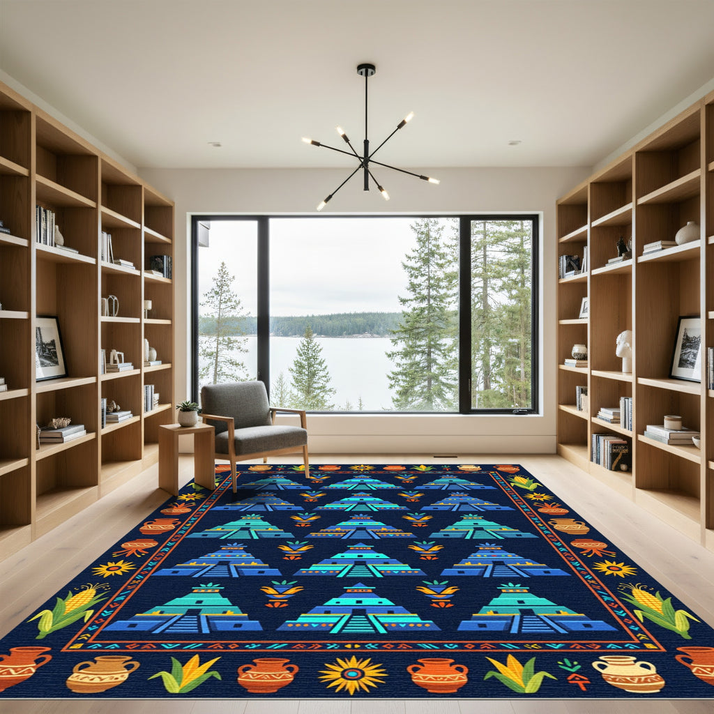 Aztec Temple Folk Art Blue Tapestry Rug