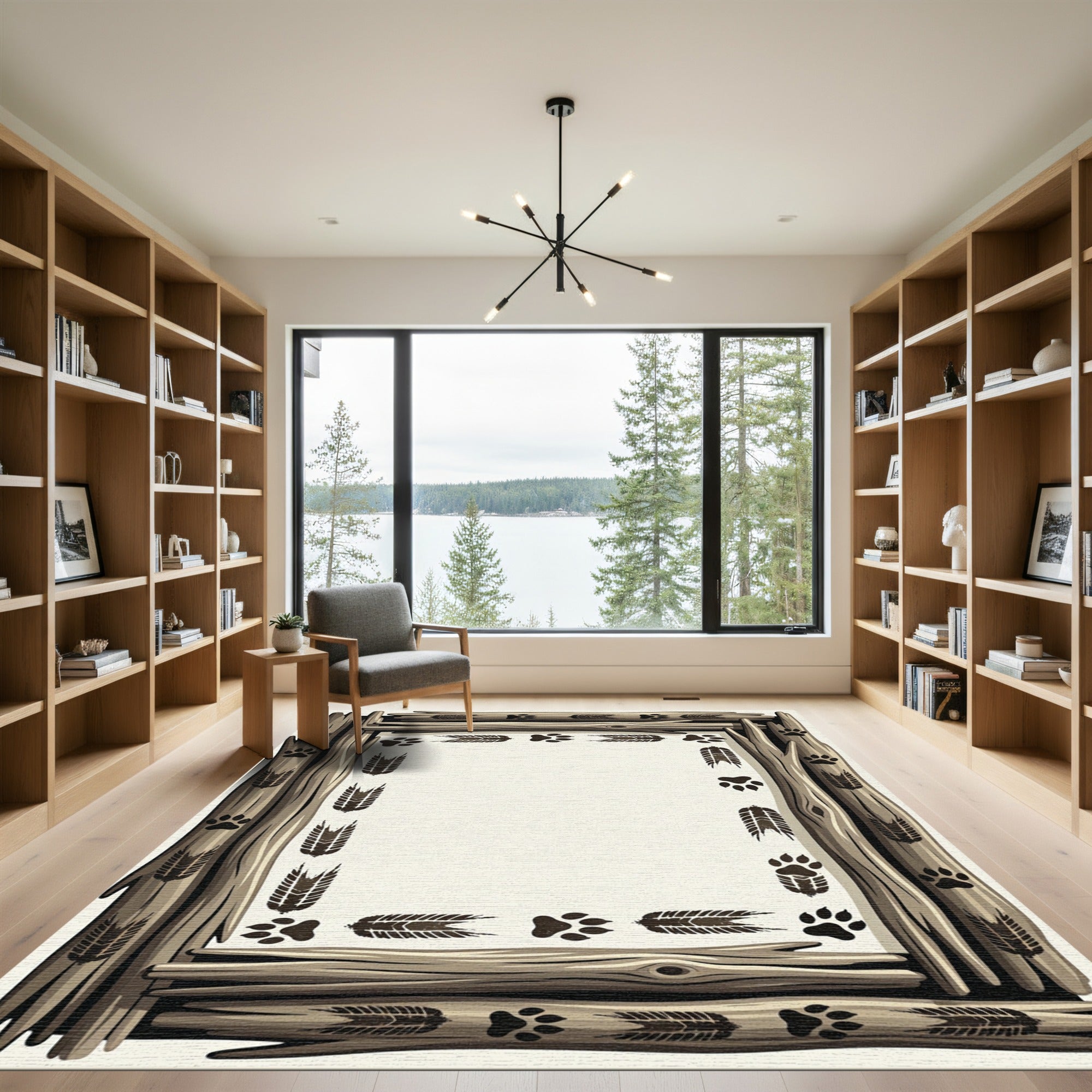 Rustic Timber Branch Paw Track Border Rug