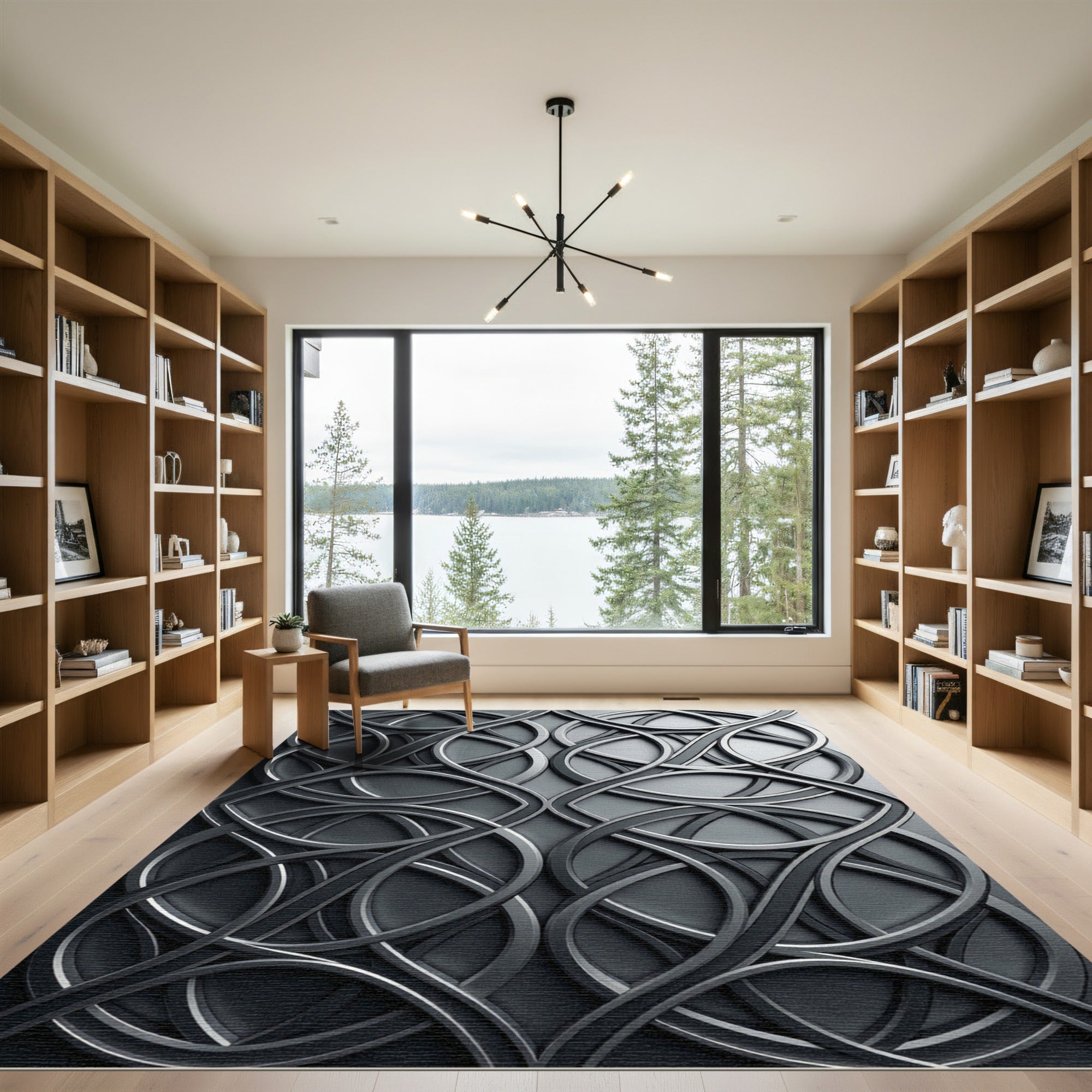 Modern Charcoal Interlocking Circular Swirl Rug