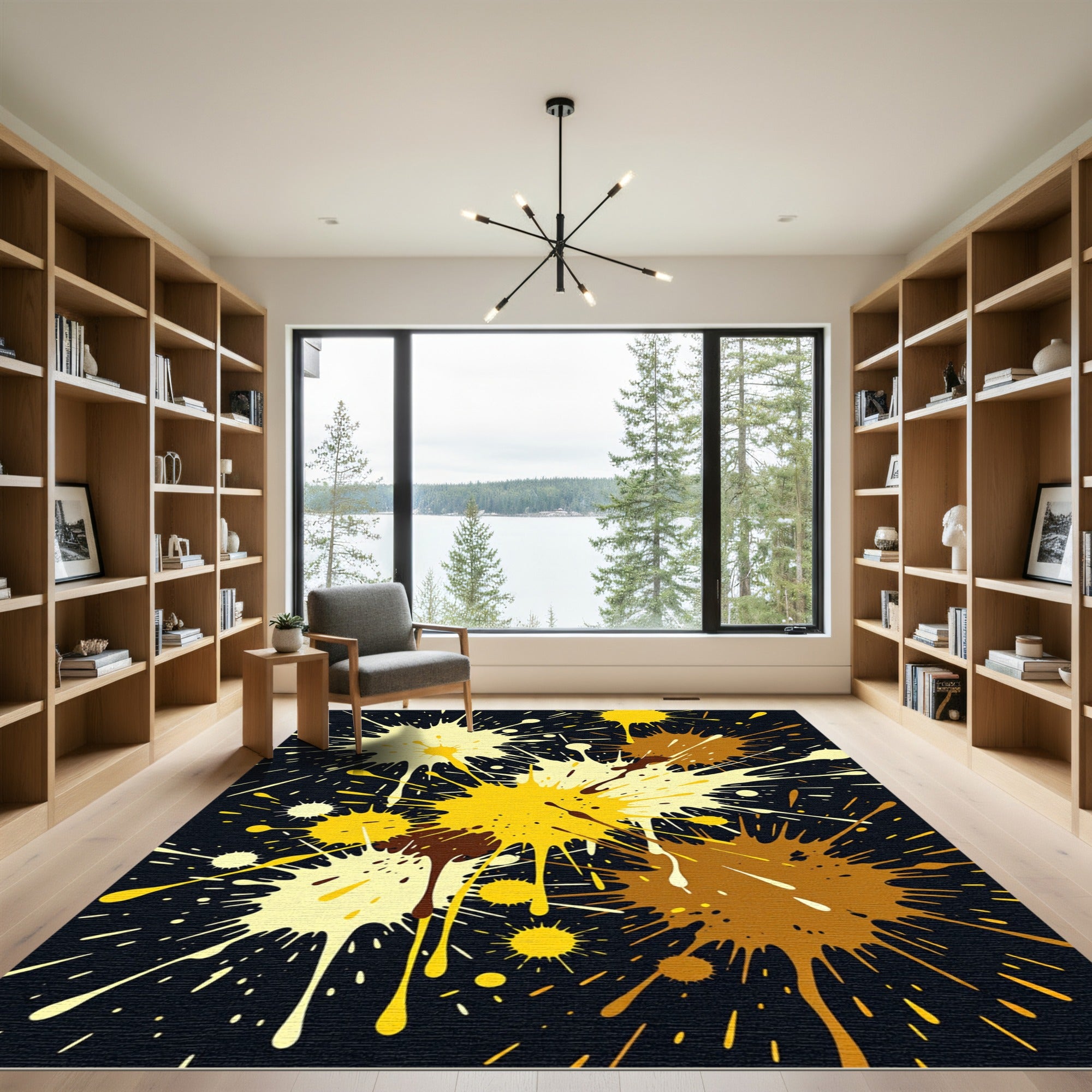 Abstract Golden Yellow and Brown Ink Splatter Rug