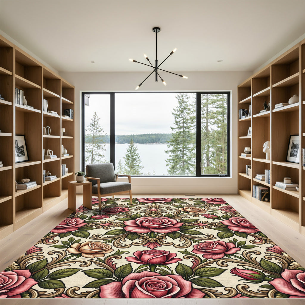 Vintage Pink Rose Baroque Damask Rug