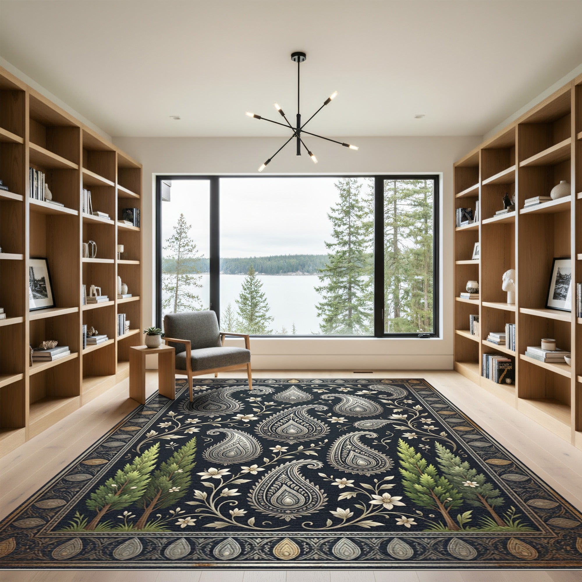 Elegant Navy Paisley Cypress Floral Art Rug