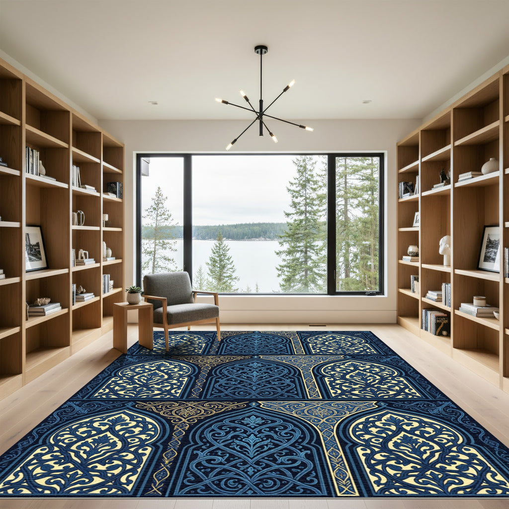 Ornate Midnight Blue Filigree Arch Tapestry Rug