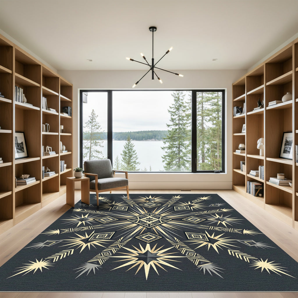 Golden Teal Starburst Diamond Medallion Rug