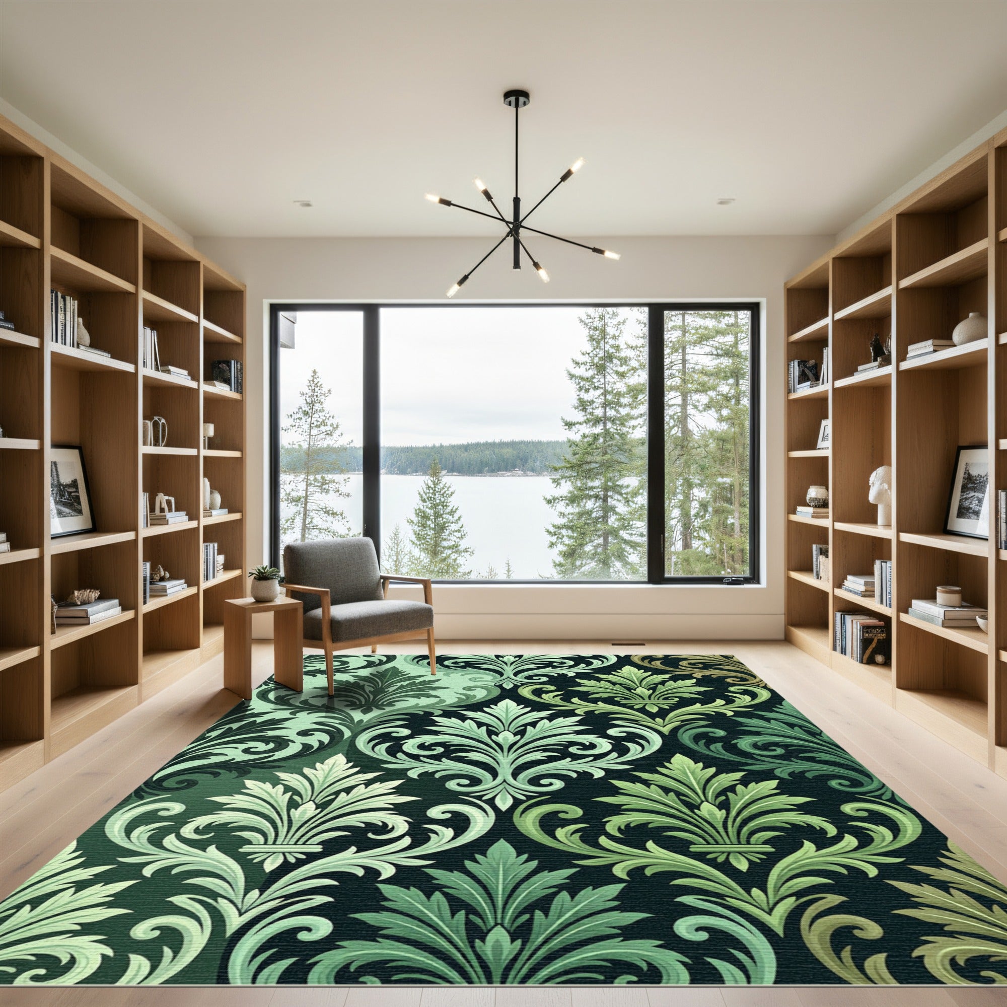 Elegant Emerald Damask Scroll Foliage Rug