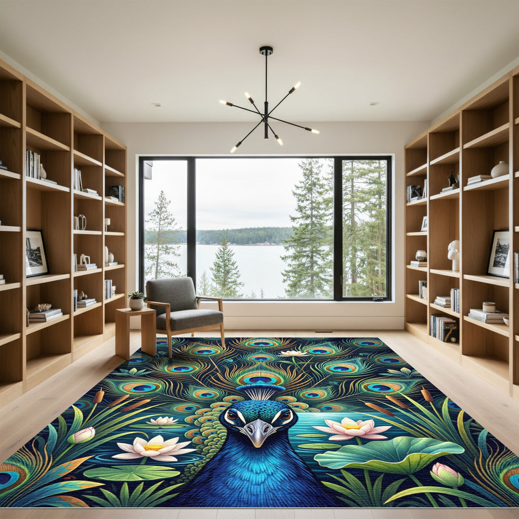 Vibrant Peacock Feather Lotus Pond Rug