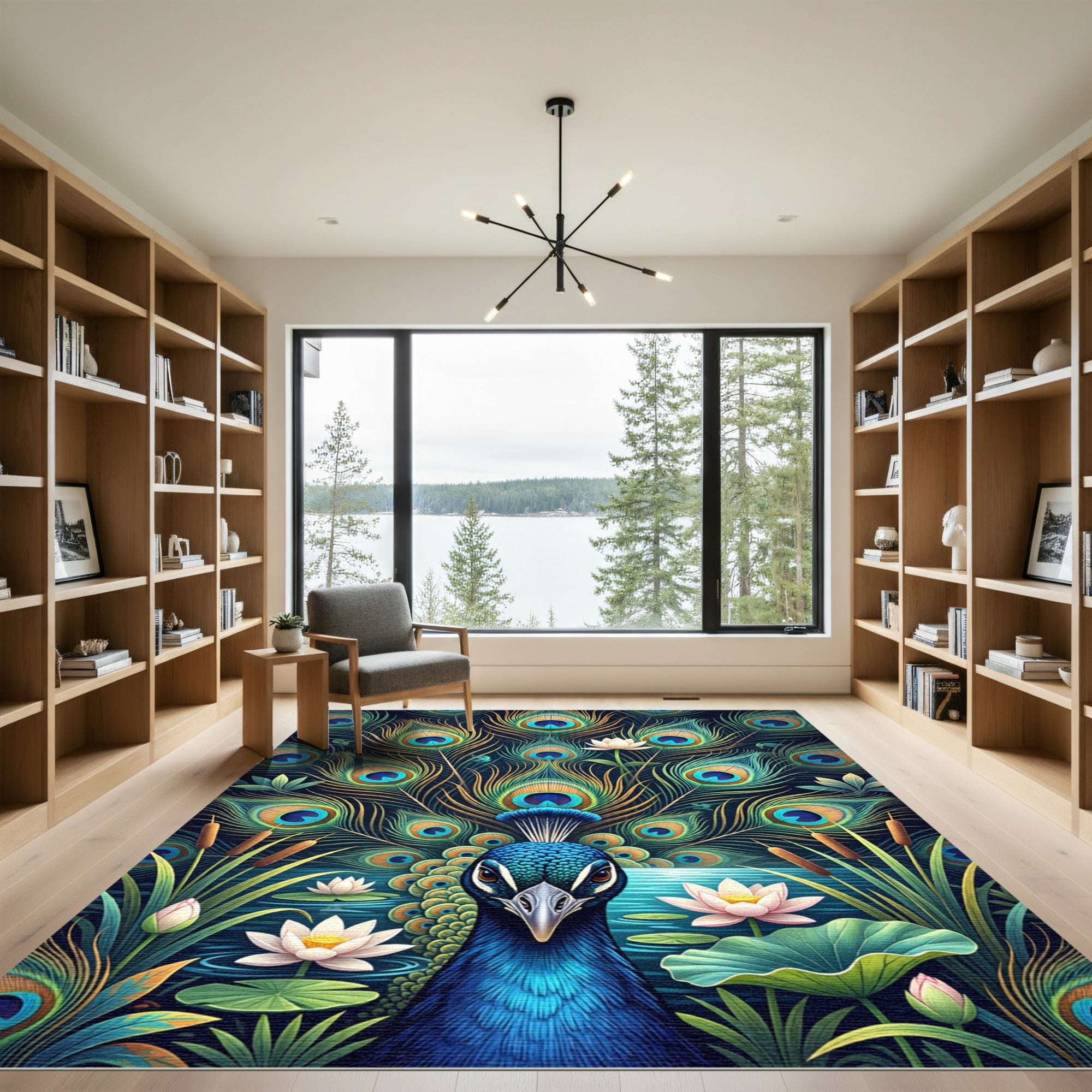 Vibrant Peacock Feather Lotus Pond Rug