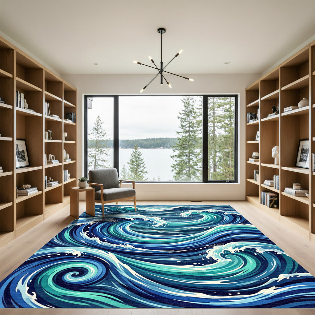 Deep Blue Ocean Waves Swirl Rug