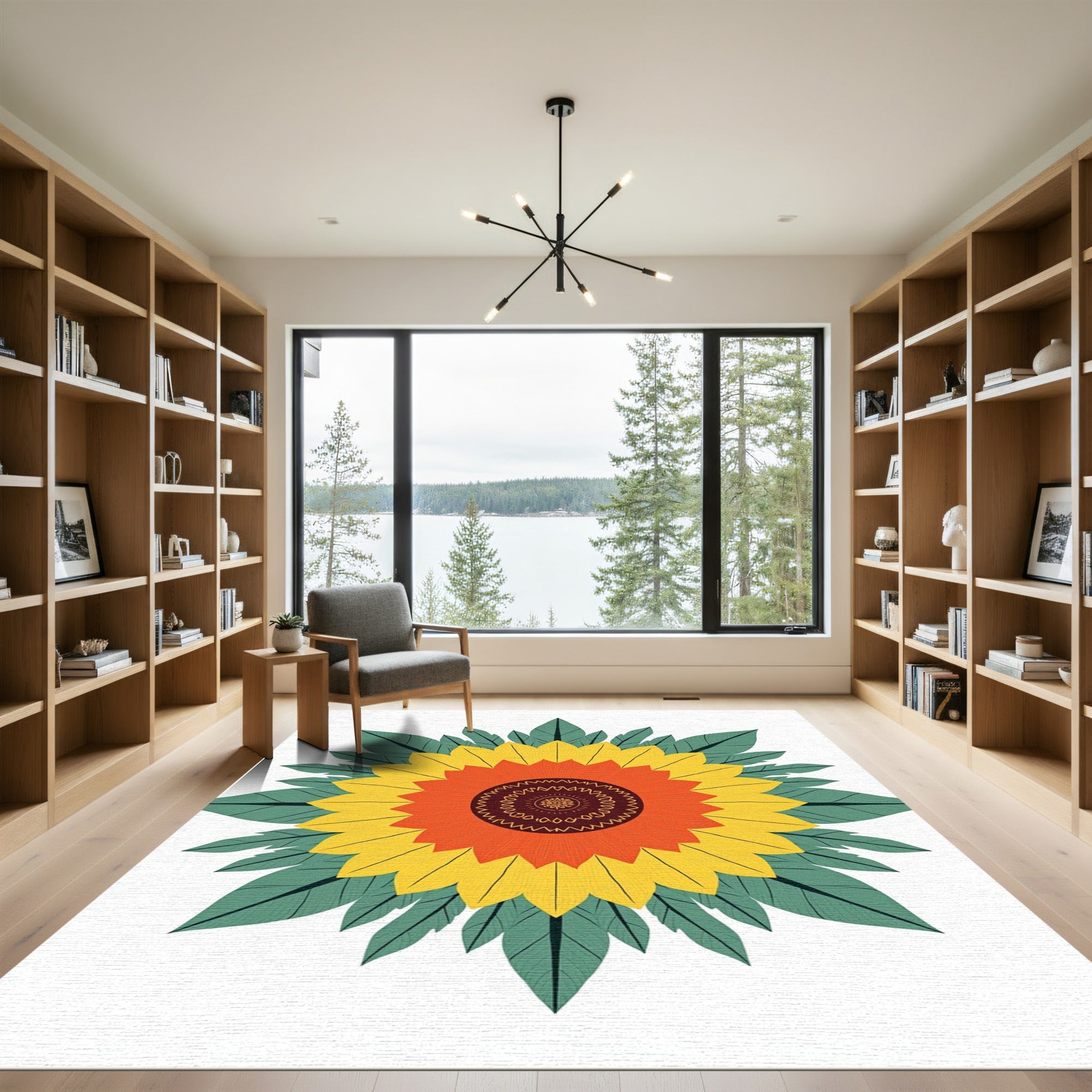 Vibrant Yellow Orange Sunflower Mandala Rug