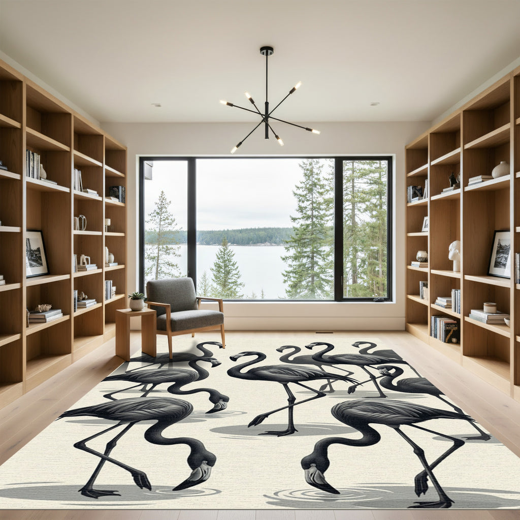 Monochrome Flamingo Flock Minimalist Illustration Rug