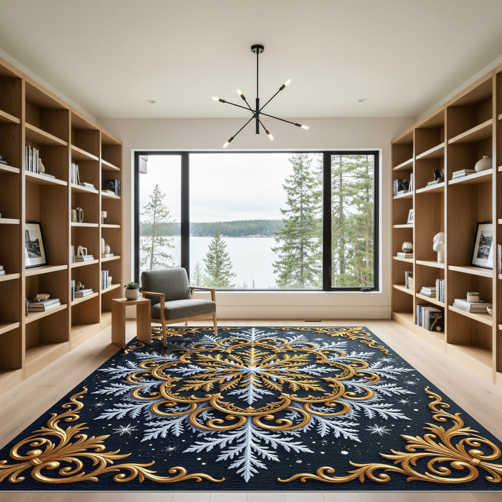 Ornate Gold and Silver Winter Snowflake Rug