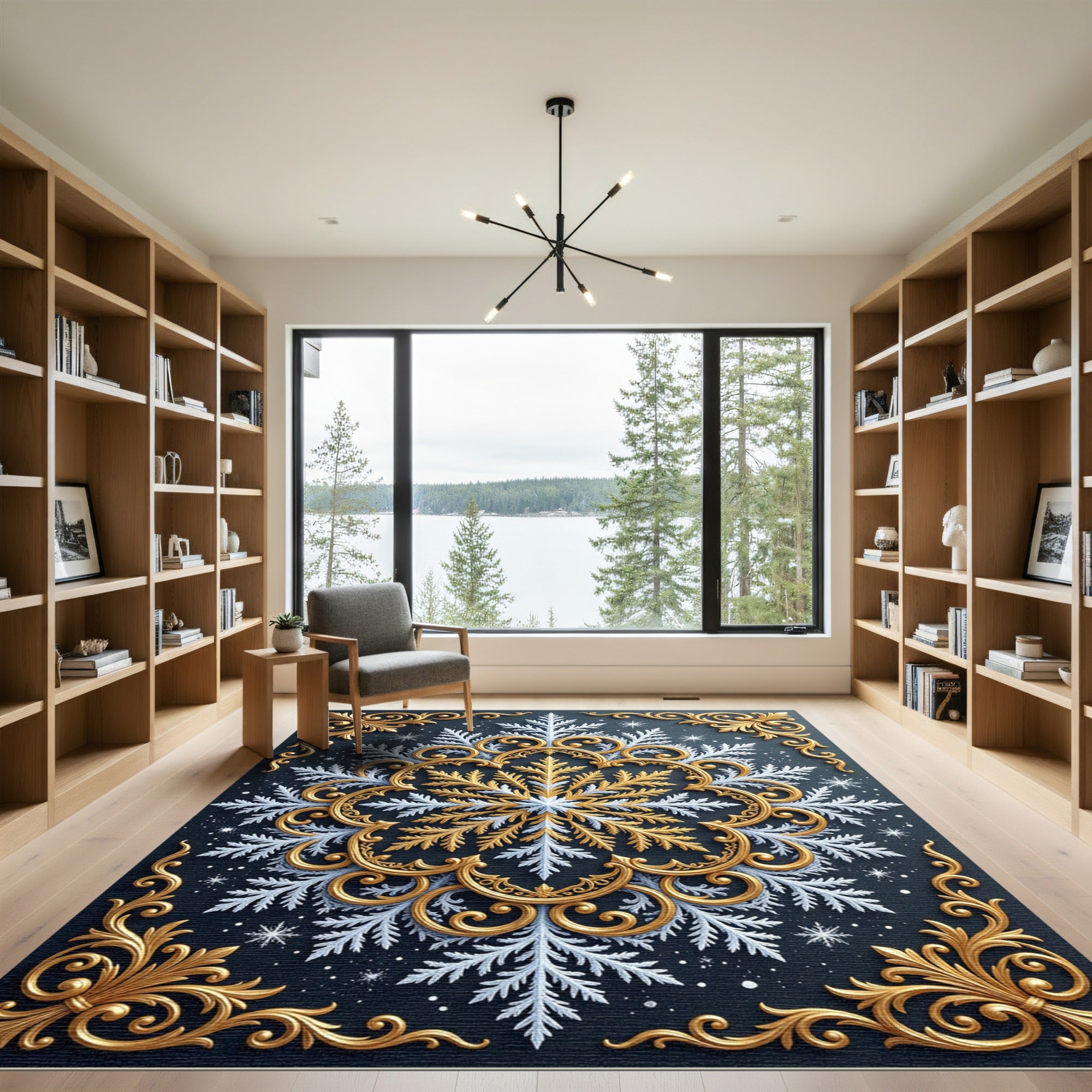 Ornate Gold and Silver Winter Snowflake Rug