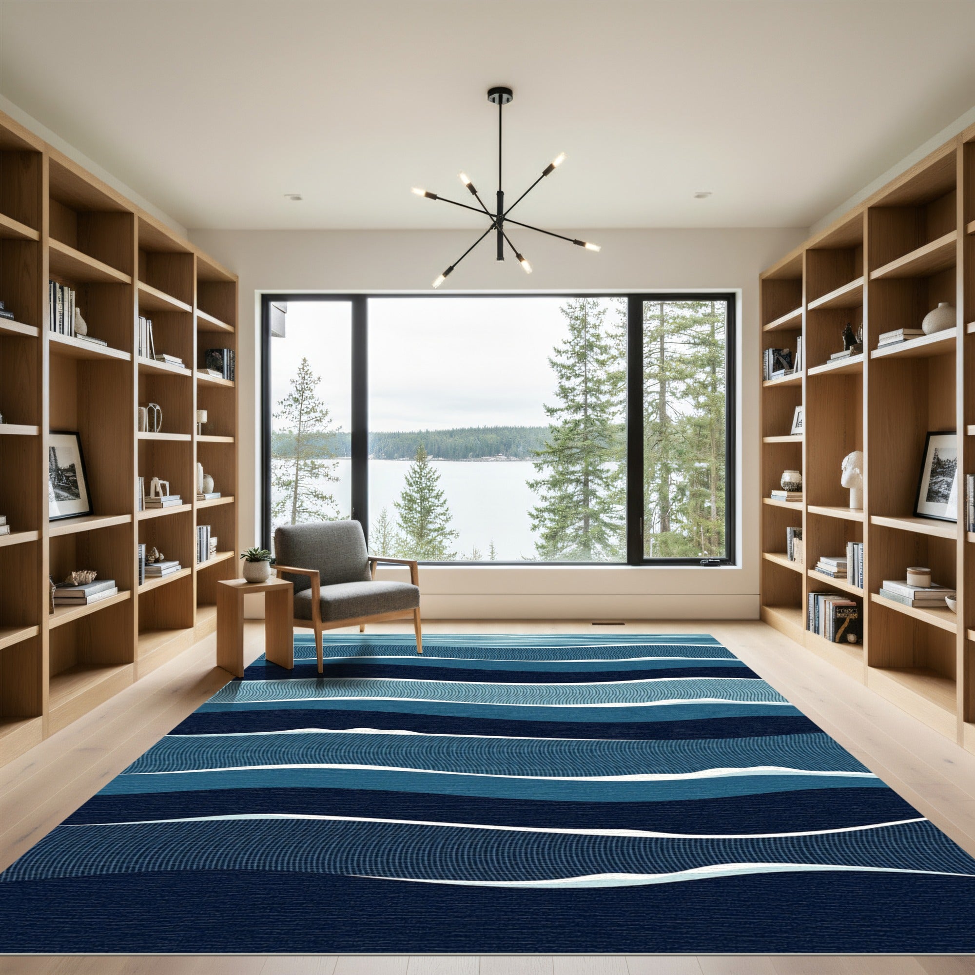Abstract Deep Blue Layered Ocean Waves Rug