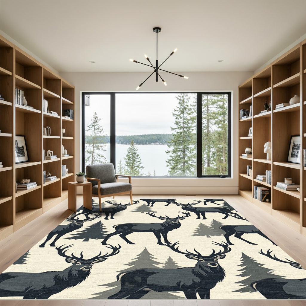 Rustic Charcoal Deer Forest Illustration Rug