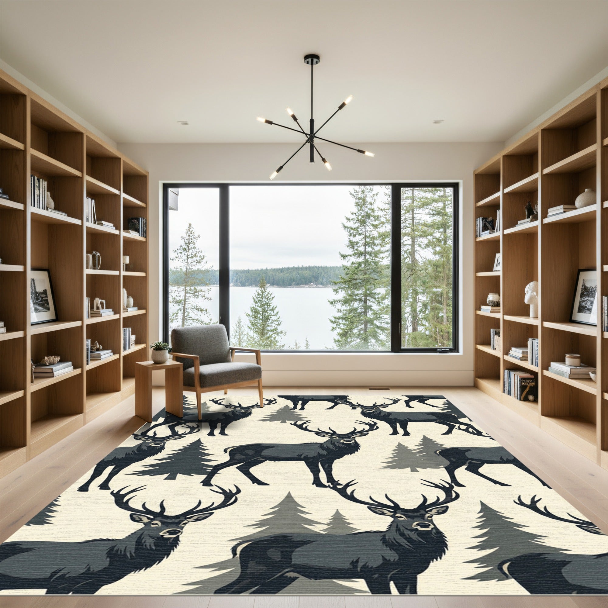 Rustic Charcoal Deer Forest Illustration Rug