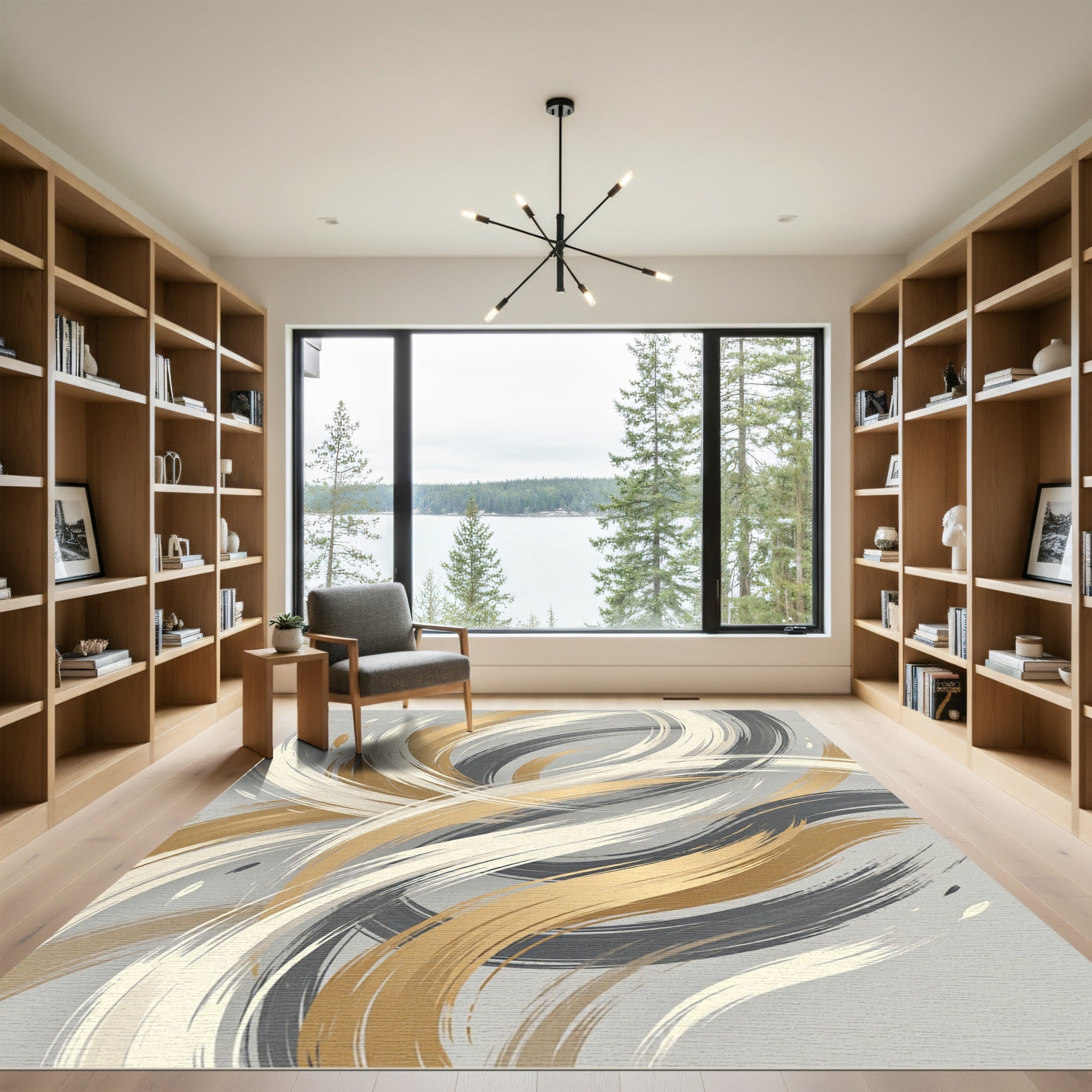 Abstract Gold Gray White Brushstrokes Rug