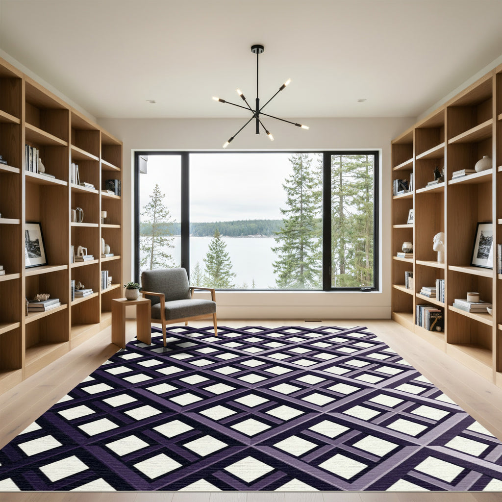 Geometric Dark Purple Lattice Grid Rug