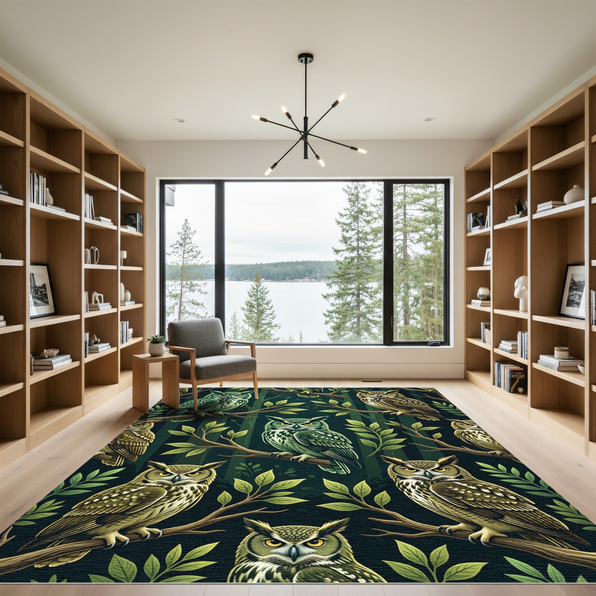 Green Brown Owl Forest Branch Repeats Rug
