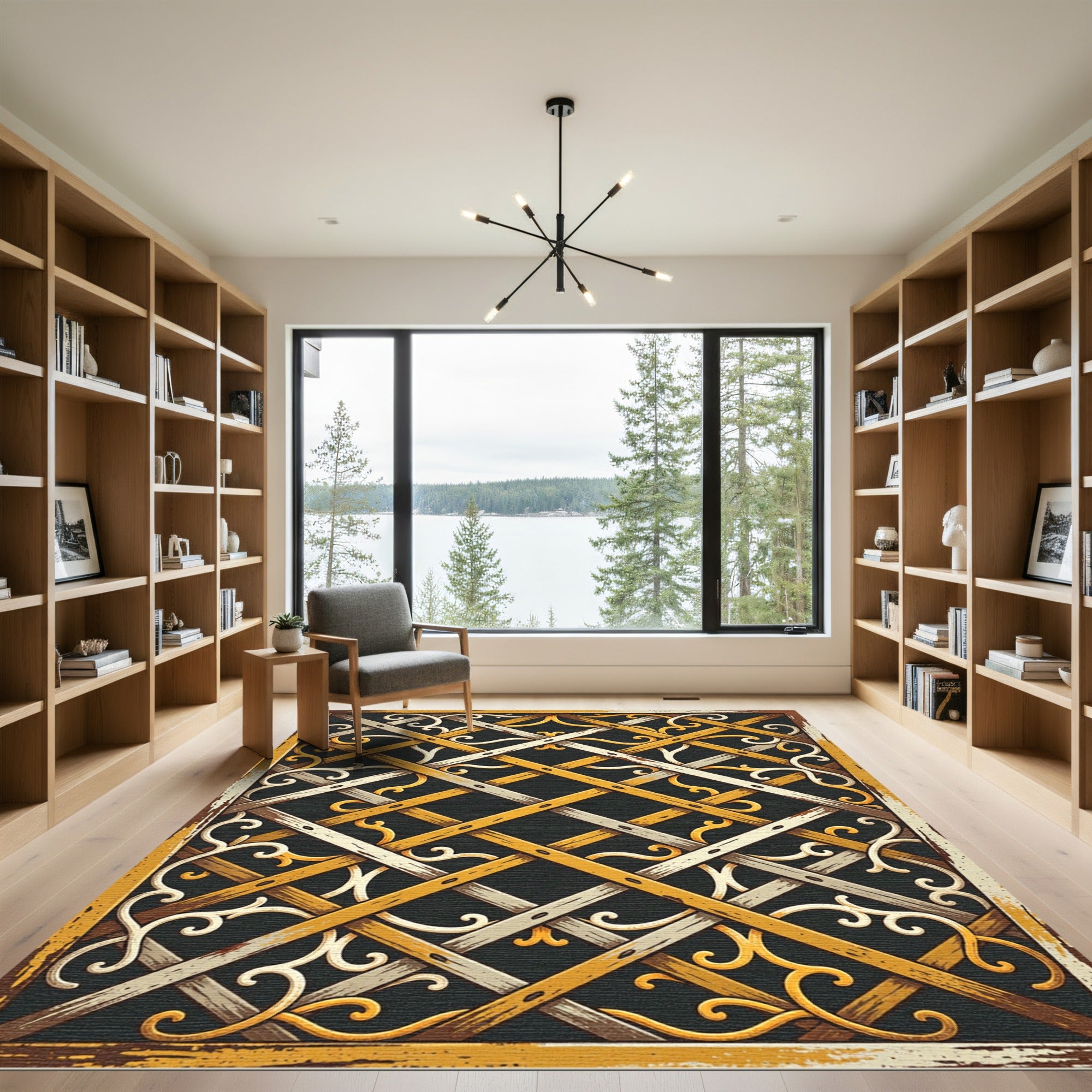 Golden Lattice Scroll Interwoven Grid Rug