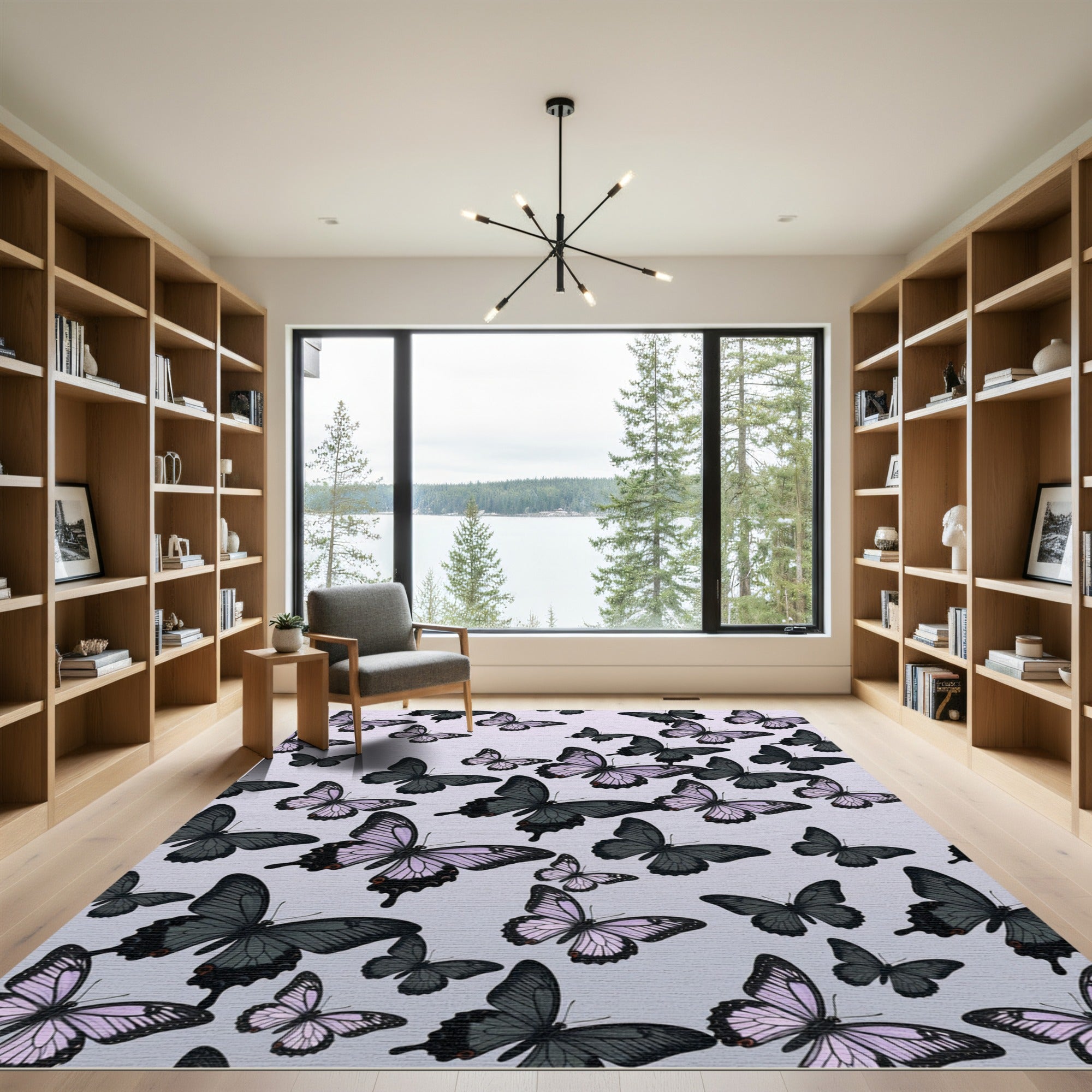 Whimsical Lavender and Charcoal Butterfly Meadow Rug