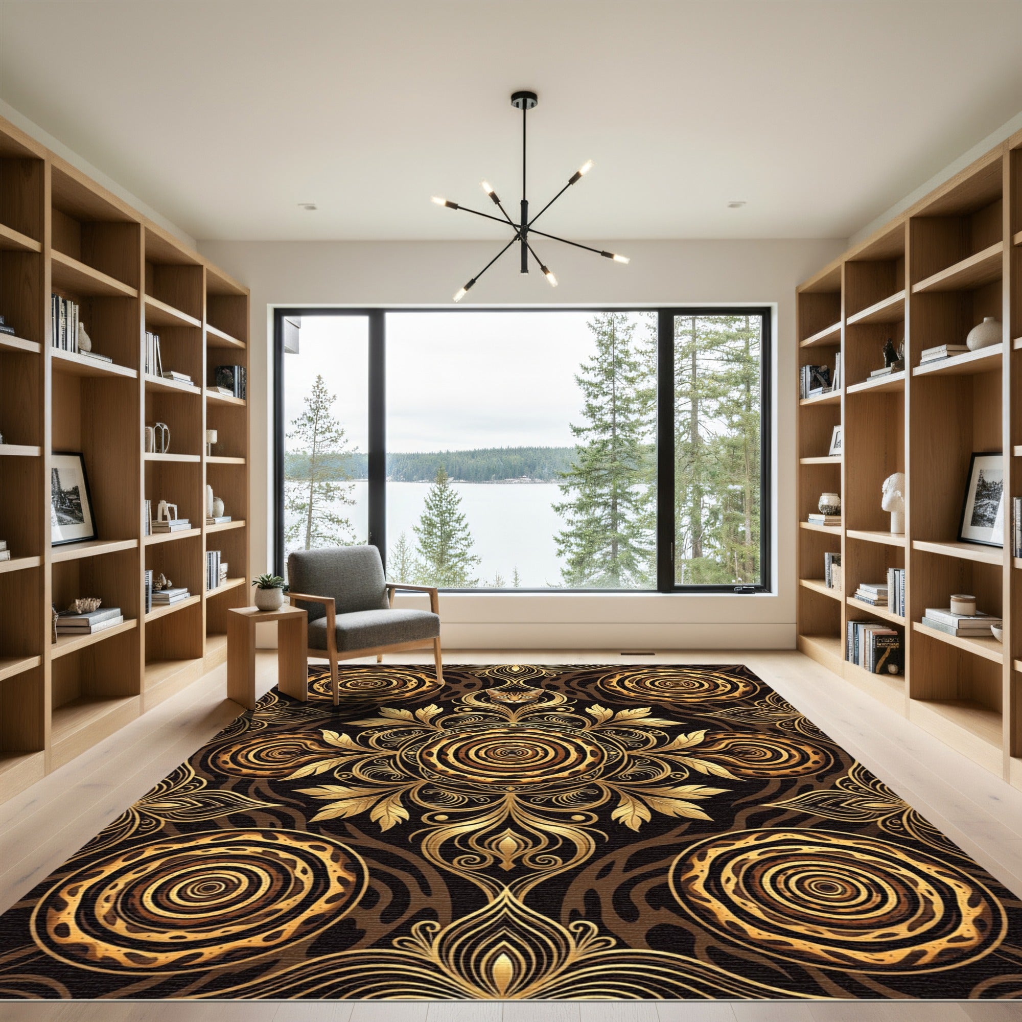 Golden Leopard Cat Floral Medallion Rug