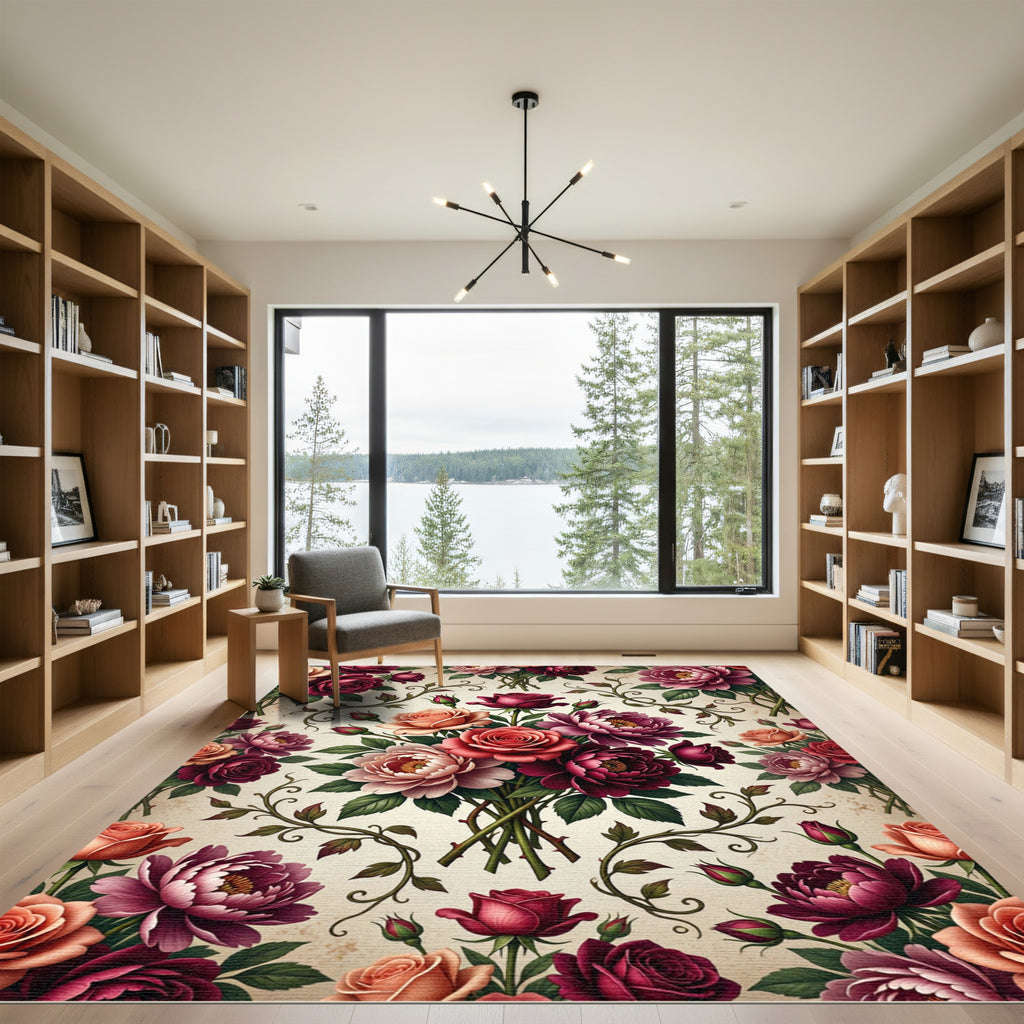 Romantic Floral Bouquet With Crimson Roses Rug