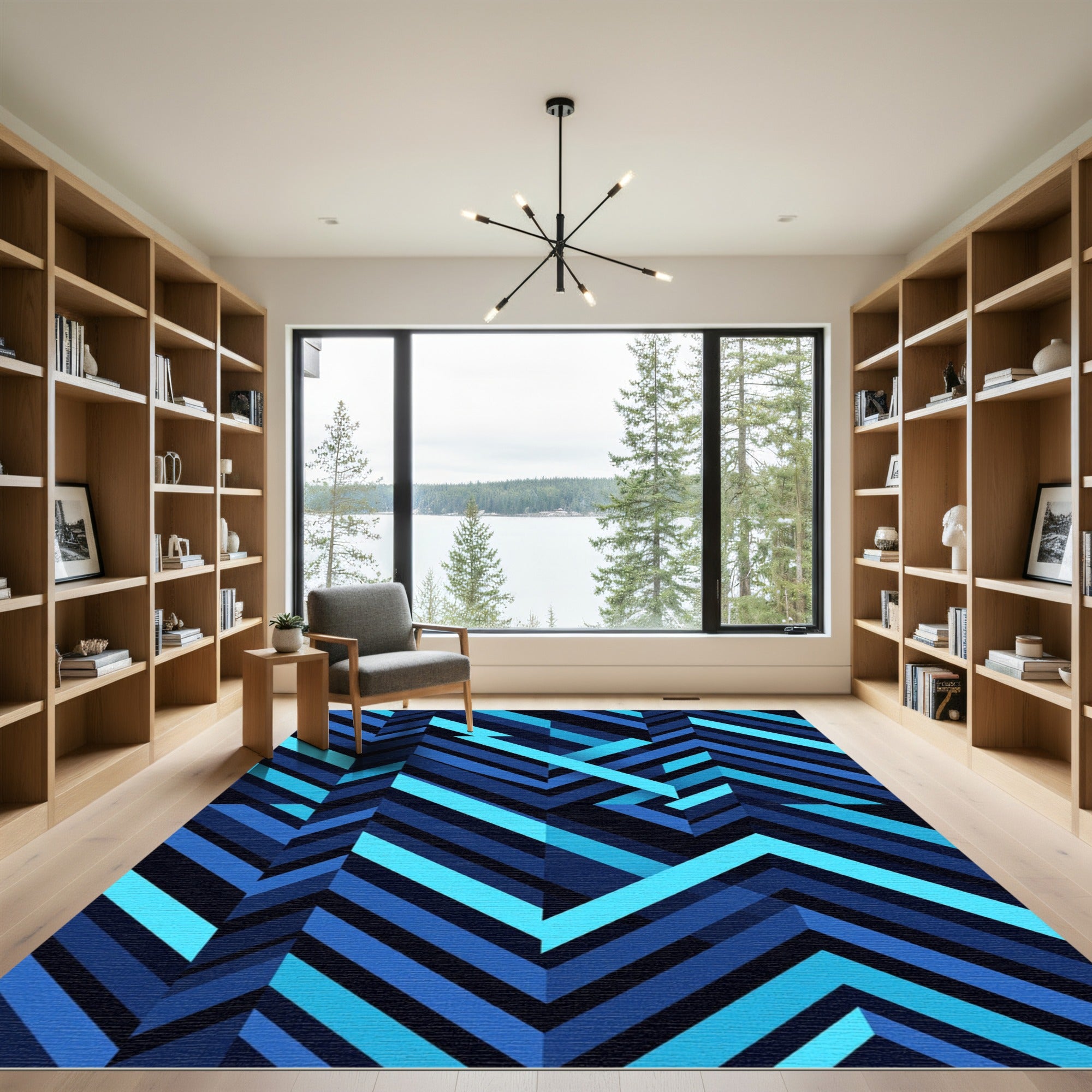 Deep Blue Chevron Abstract Geometric Rug